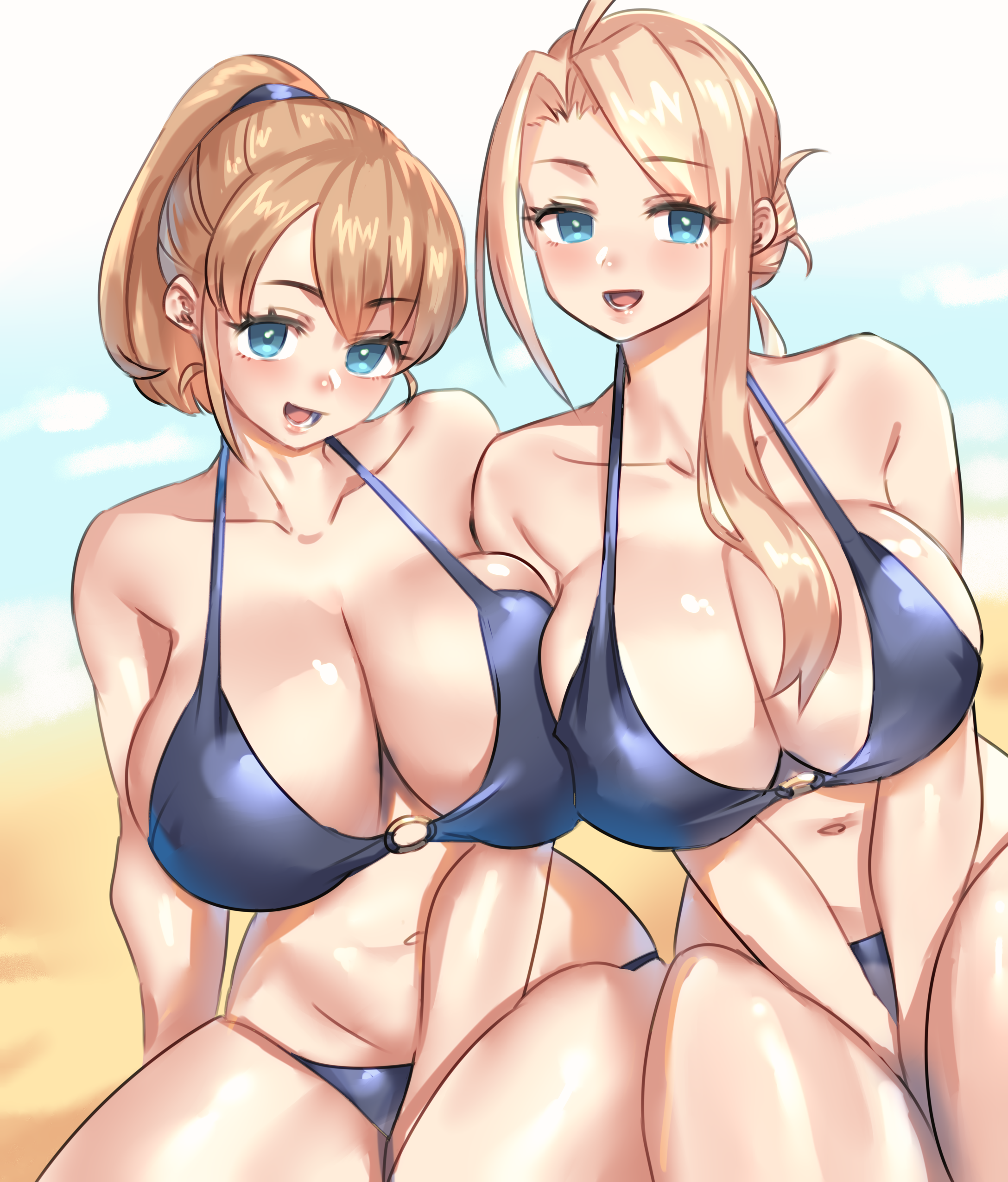 quanero, intrepid (kancolle), wasp (kancolle), kantai collection, absurdres, commentary request, highres, 1girl, 2girls, bikini, blonde hair, blue bikini, blue eyes, breasts, brown hair, collarbone, feet out of frame, hair bun, large breasts, long single sidelock, multiple girls, o-ring, o-ring top, ponytail, short hair, sitting, solo, swimsuit, v arms