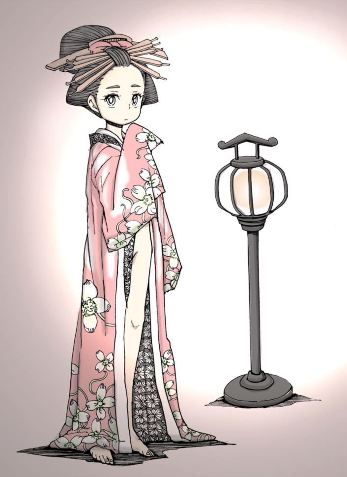 shigetoshisss, pixiv fantasia, pixiv fantasia 4, 1girl, artistic error, bad anatomy, bad feet, barefoot, extra digits, feet, female focus, headdress, japanese clothes, kimono, lamp, poorly drawn, solo