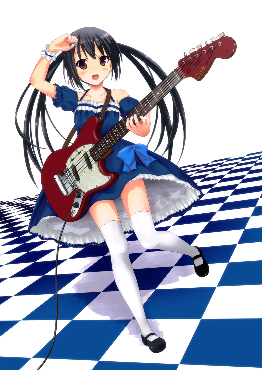 kazuboh, kisaragi miyu, nakano azusa, k-on!, bad id, bad pixiv id, highres, 1girl, black hair, brown eyes, checkered floor, dress, electric guitar, female focus, fender (company), fender mustang, full body, guitar, instrument, long hair, mustang, perspective, plectrum, solo, thighhighs, twintails