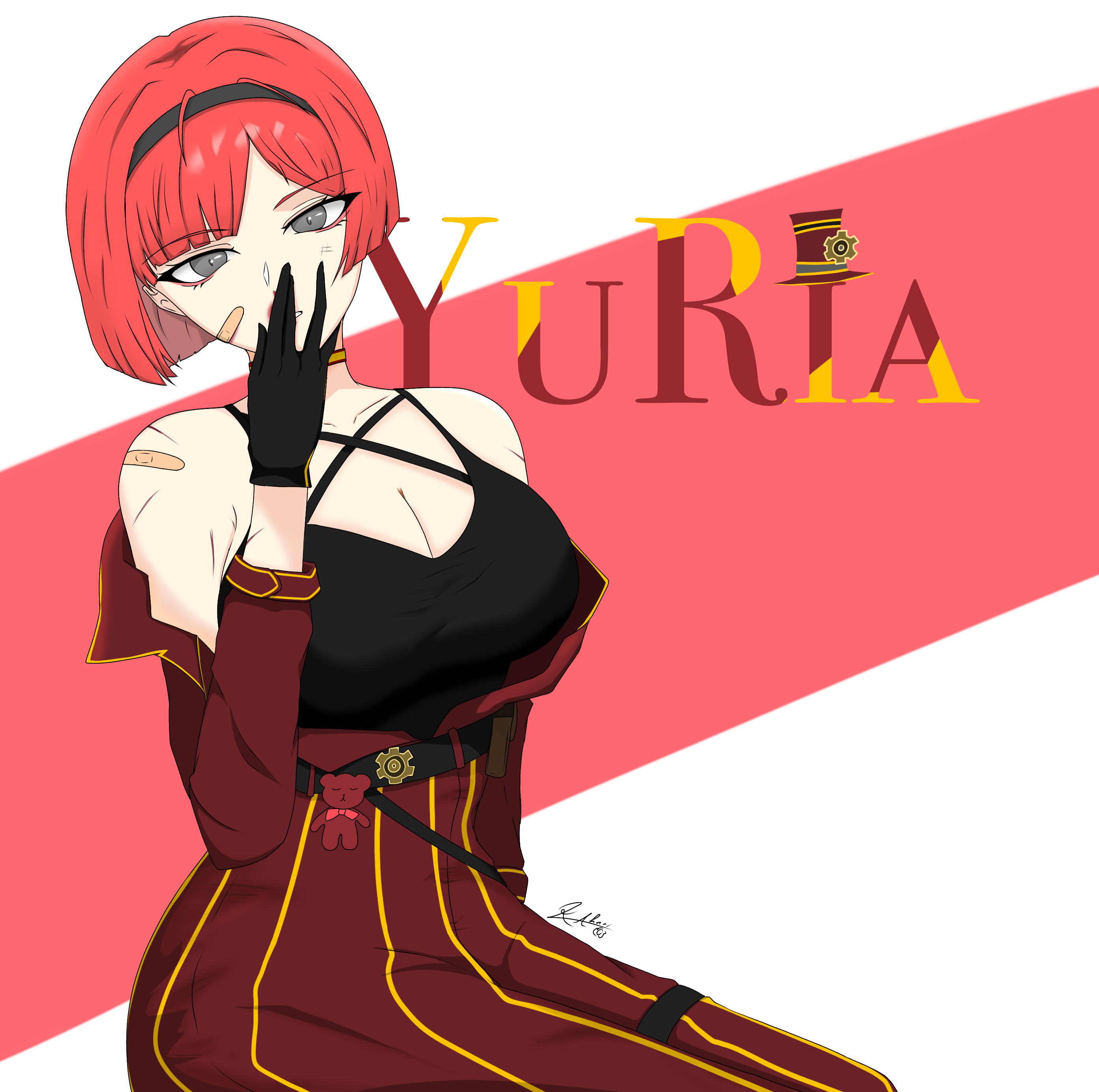 yuria (project moon), project moon, absurdres, highres, 1girl, akarikazami, alternate costume, bandaid, black gloves, blood, breasts, character name, cleavage, gloves, hand on own face, large breasts, looking at viewer, nosebleed, off shoulder, solo