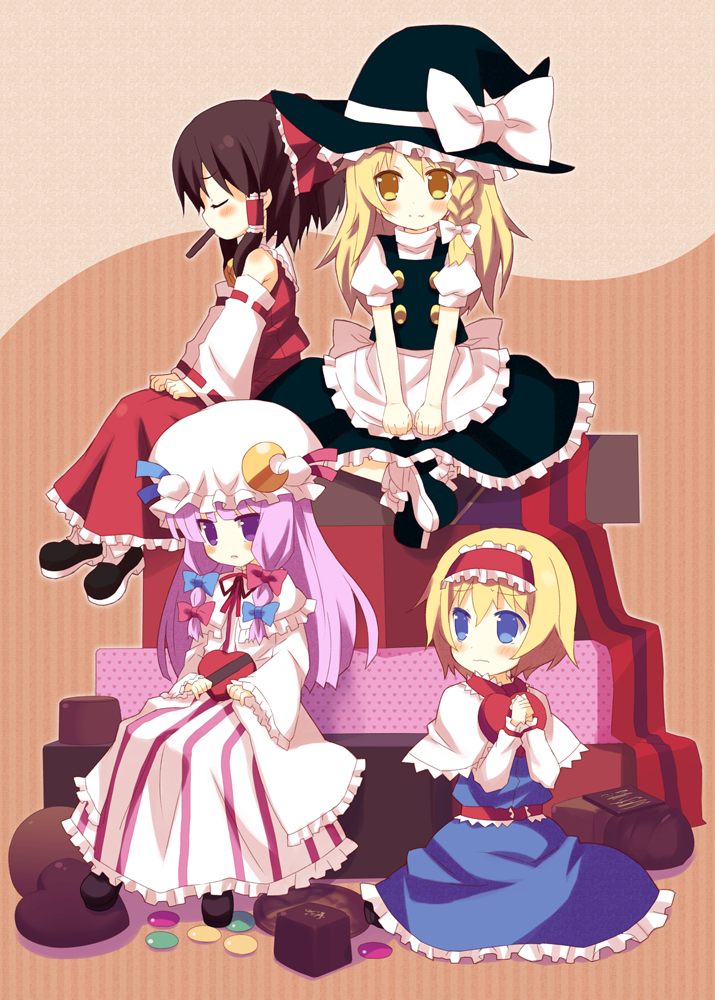 meito (maze), alice margatroid, hakurei reimu, kirisame marisa, patchouli knowledge, touhou, 4girls, blonde hair, blush, chocolate, female focus, full body, heart, mouth hold, multiple girls, sitting, valentine