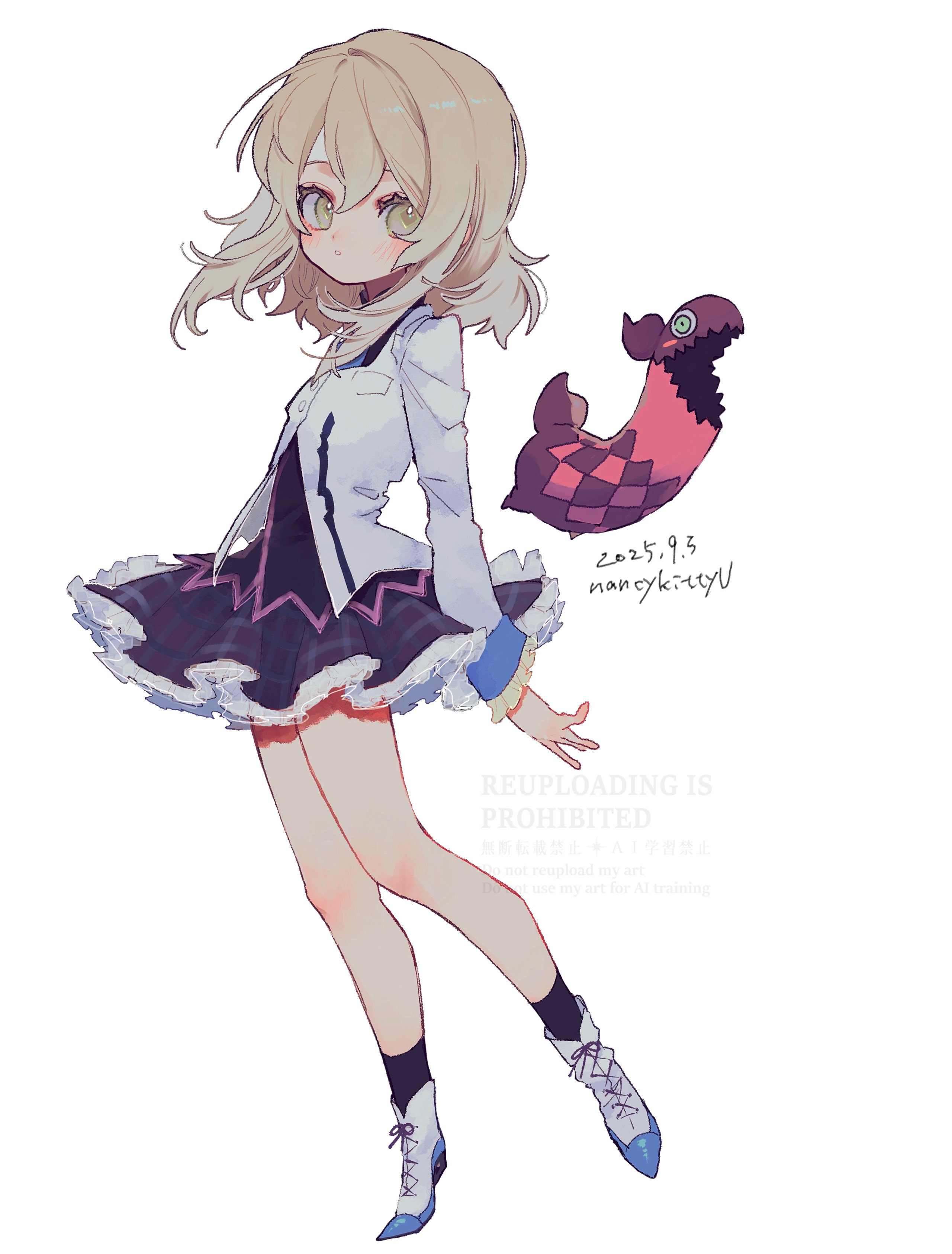 nancykittyu, elize lutus, teepo (tales), tales of (series), tales of xillia, tales of xillia 2, absurdres, commentary request, highres, 1girl, alternate color, alternate hairstyle, artist name, black shirt, black socks, blazer, blonde hair, blue necktie, blue wrist cuffs, blush, boots, checkered clothes, checkered skirt, collared shirt, creature, dated, frilled skirt, frilled sleeves, frills, full body, green eyes, hair between eyes, jacket, knee blush, long sleeves, medium hair, necktie, parted lips, shirt, simple background, skirt, socks, solo, white background, white jacket, wrist cuffs