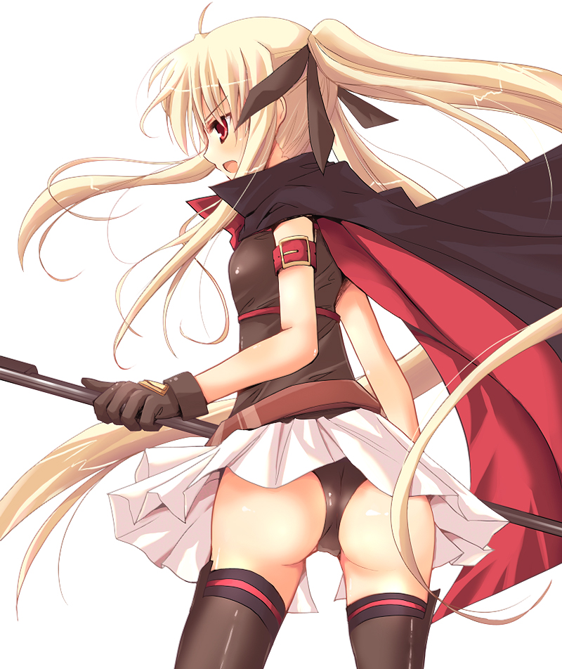 rikudou inuhiko, bardiche (nanoha), fate testarossa, fate testarossa (movie 1st form), lyrical nanoha, mahou shoujo lyrical nanoha, 00s, ass, blonde hair, cape, gloves, leotard, long hair, red eyes, ribbon, solo, thighhighs, twintails