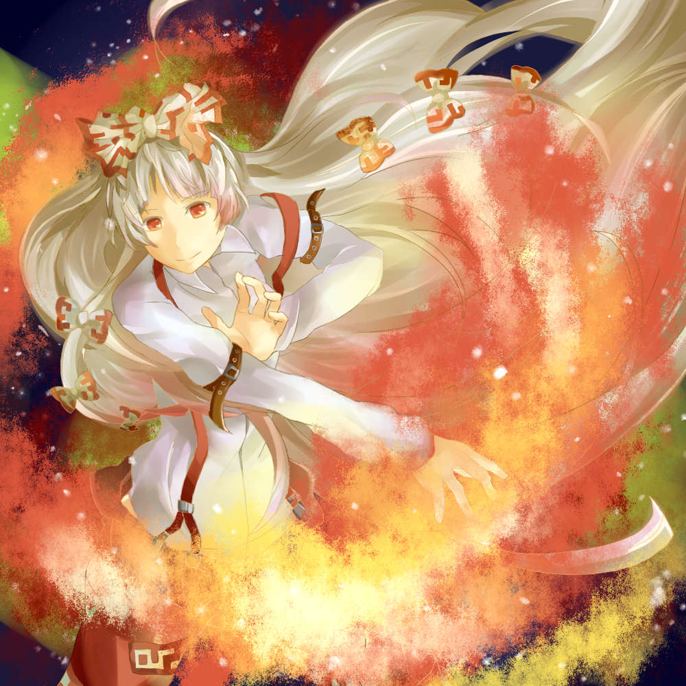 bronne, fujiwara no mokou, touhou, silver hair, bad id, bad pixiv id, 1girl, belt, bow, female focus, fire, hair bow, long hair, multiple hair bows, red eyes, solo, suspenders