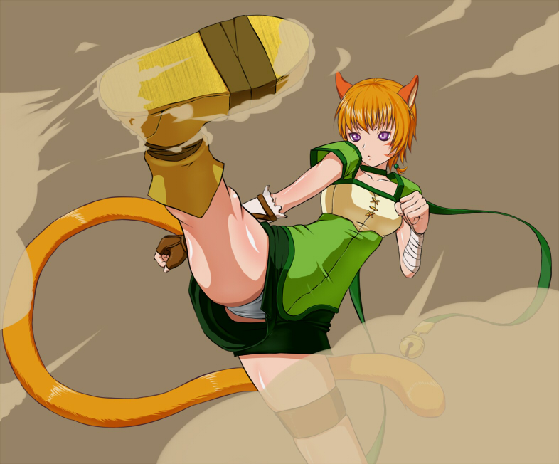 majin (marcia), lethe (fire emblem), fire emblem, fire emblem: path of radiance, fire emblem: radiant dawn, nintendo, 1girl, animal ears, asymmetrical clothes, bell, cameltoe, cat ears, cat tail, choker, dust, dust cloud, female focus, fighting stance, fingerless gloves, gloves, high kick, kicking, laguz (race), legband, orange hair, panties, pantyshot, pantyshot kick, purple eyes, short hair, single glove, solo, tail, underwear