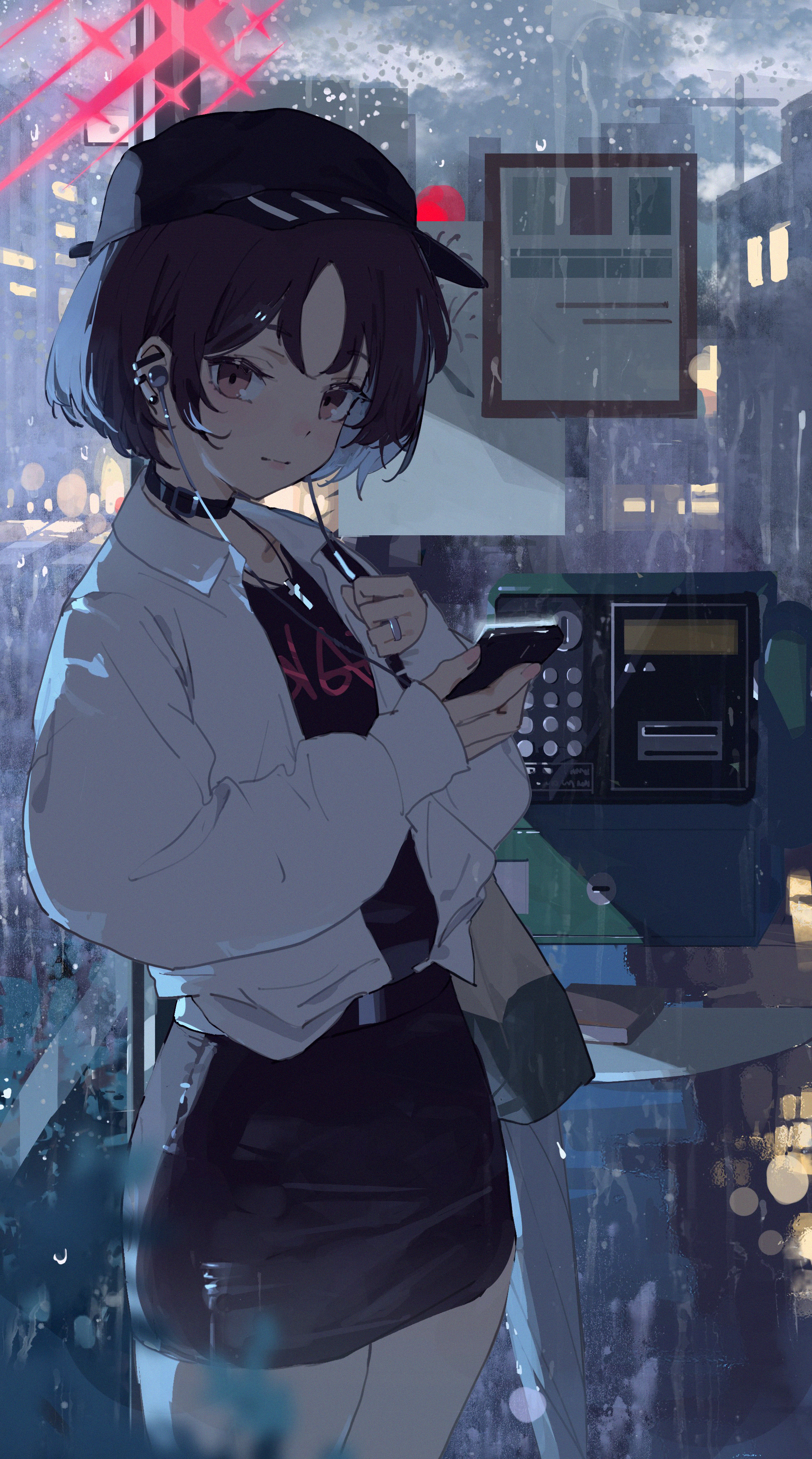 bilibalakonglijiwa, misaki (blue archive), blue archive, absurdres, commentary, highres, 1girl, alternate costume, bag, black choker, black hat, black shirt, black skirt, blurry, bokeh, brown eyes, brown hair, building, cellphone, choker, city, city lights, cowboy shot, cross, cross necklace, depth of field, earclip, earphones, from side, halo, hat, holding, holding phone, jacket, jacket tucked in, jewelry, long sleeves, looking at viewer, looking to the side, miniskirt, necklace, overcast, payphone, pencil skirt, phone, phone booth, rain, red halo, shirt, short hair, shoulder bag, skirt, sky, sleeves past wrists, smartphone, solo, urban, water drop, white jacket