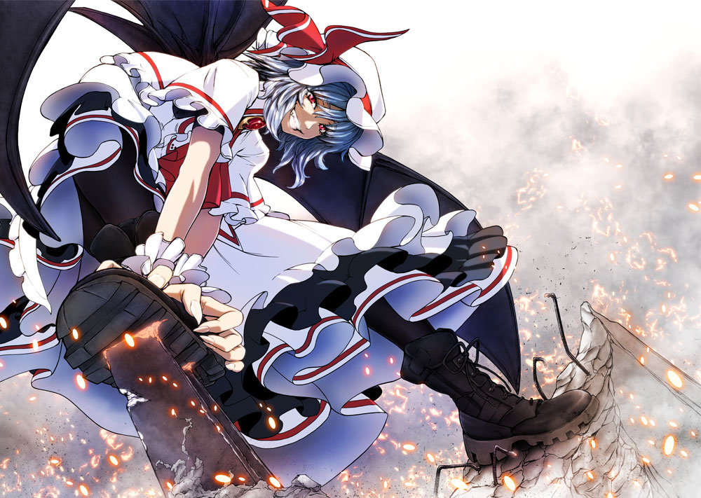 imizu (nitro unknown), remilia scarlet, touhou, 1girl, bat wings, blue hair, boots, female focus, grin, hat, pantyhose, red eyes, short hair, smile, solo, wings