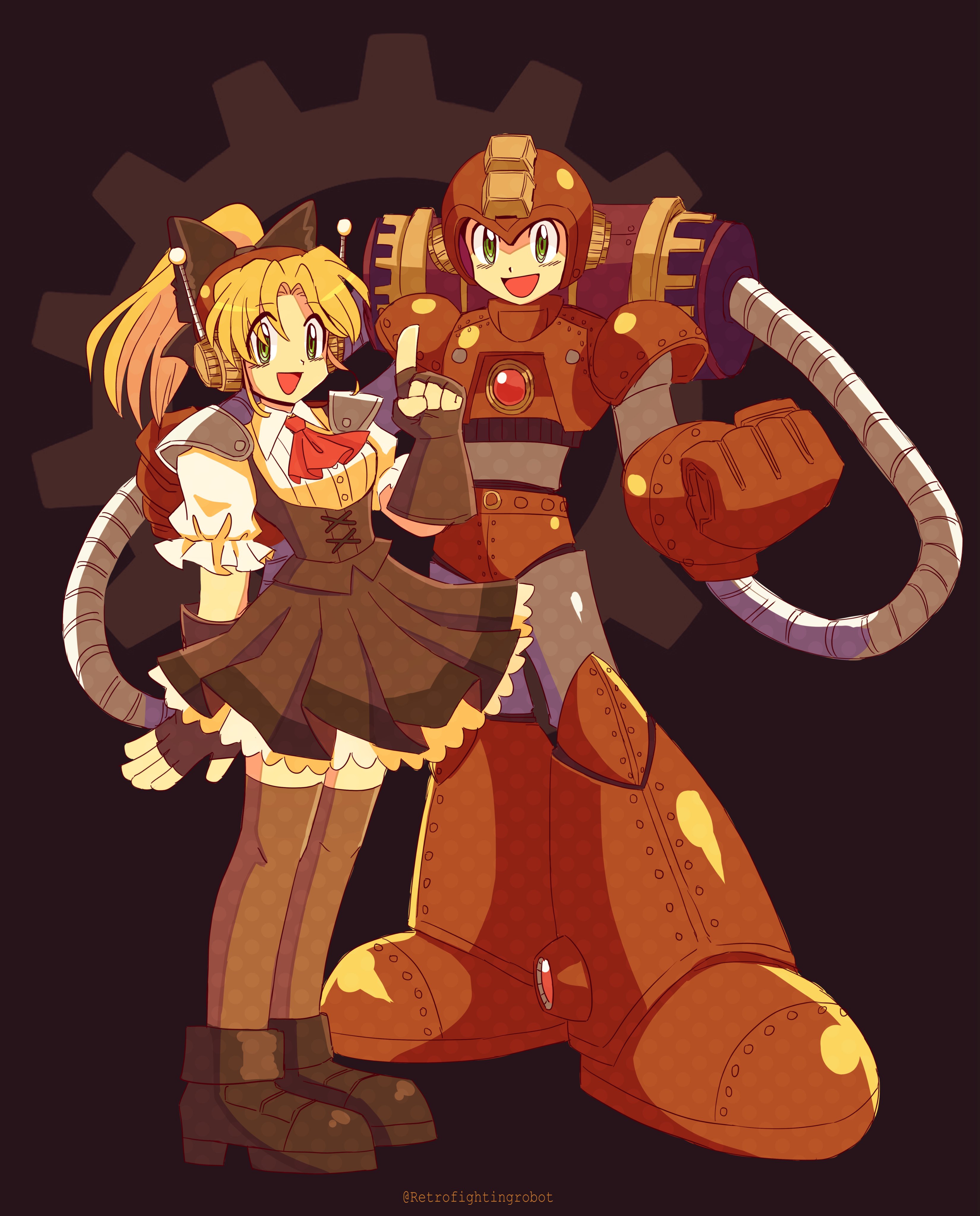 mega man (character), roll (mega man), mega man (classic), mega man (series), absurdres, commentary, english commentary, highres, 1boy, 1girl, black dress, black gloves, black thighhighs, blonde hair, brother and sister, brown armor, brown background, brown helmet, chest jewel, clenched hands, dress, fingerless gloves, full body, gears, gloves, green eyes, helmet, high ponytail, open mouth, ponytail, retro fighting robot, siblings, simple background, steampunk, thighhighs