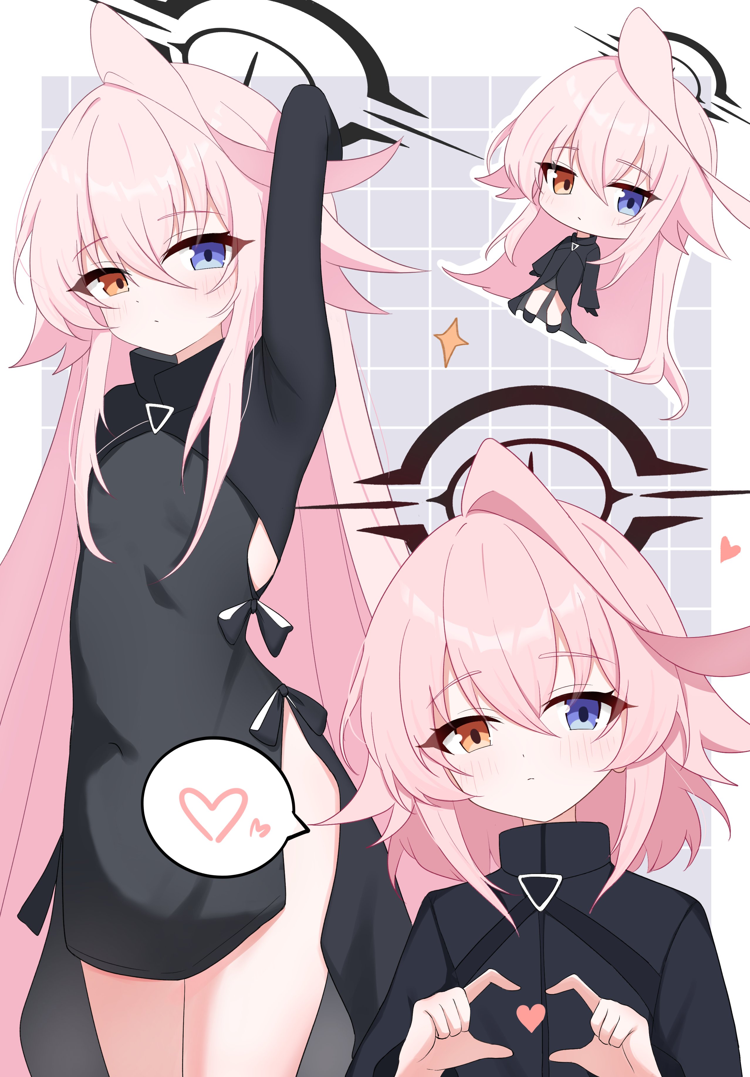 ttriwk, hoshino (blue archive), hoshino terror (blue archive), blue archive, absurdres, commentary request, highres, black halo, blue eyes, breasts, four-finger heart hands, hair between eyes, halo, heart, heart hands, heterochromia, long hair, official alternate costume, pink hair, small breasts, thighs, yellow eyes