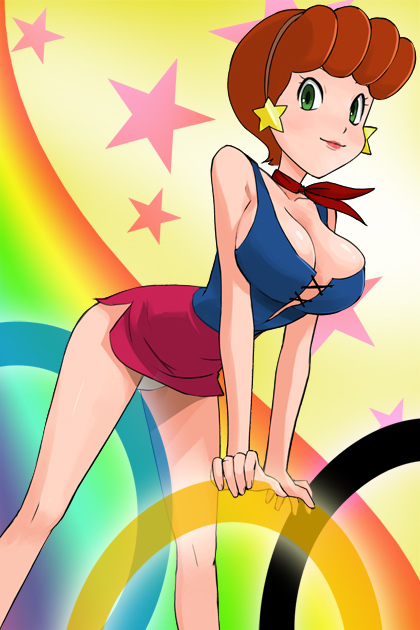 haruyama kazunori, canary karina, eagle sam, 1girl, blush, breasts, brown hair, cleavage, crotch rub, earrings, female focus, green eyes, jewelry, large breasts, leaning forward, solo, star (symbol), upskirt