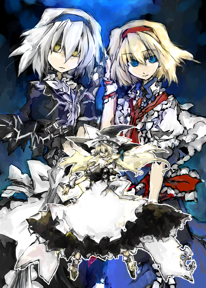 beru, alice margatroid, kirisame marisa, touhou, silver hair, highres, 3girls, alternate costume, blonde hair, blue eyes, dark persona, dual persona, female focus, hairband, hat, long hair, multiple girls, short hair, witch, witch hat, yellow eyes