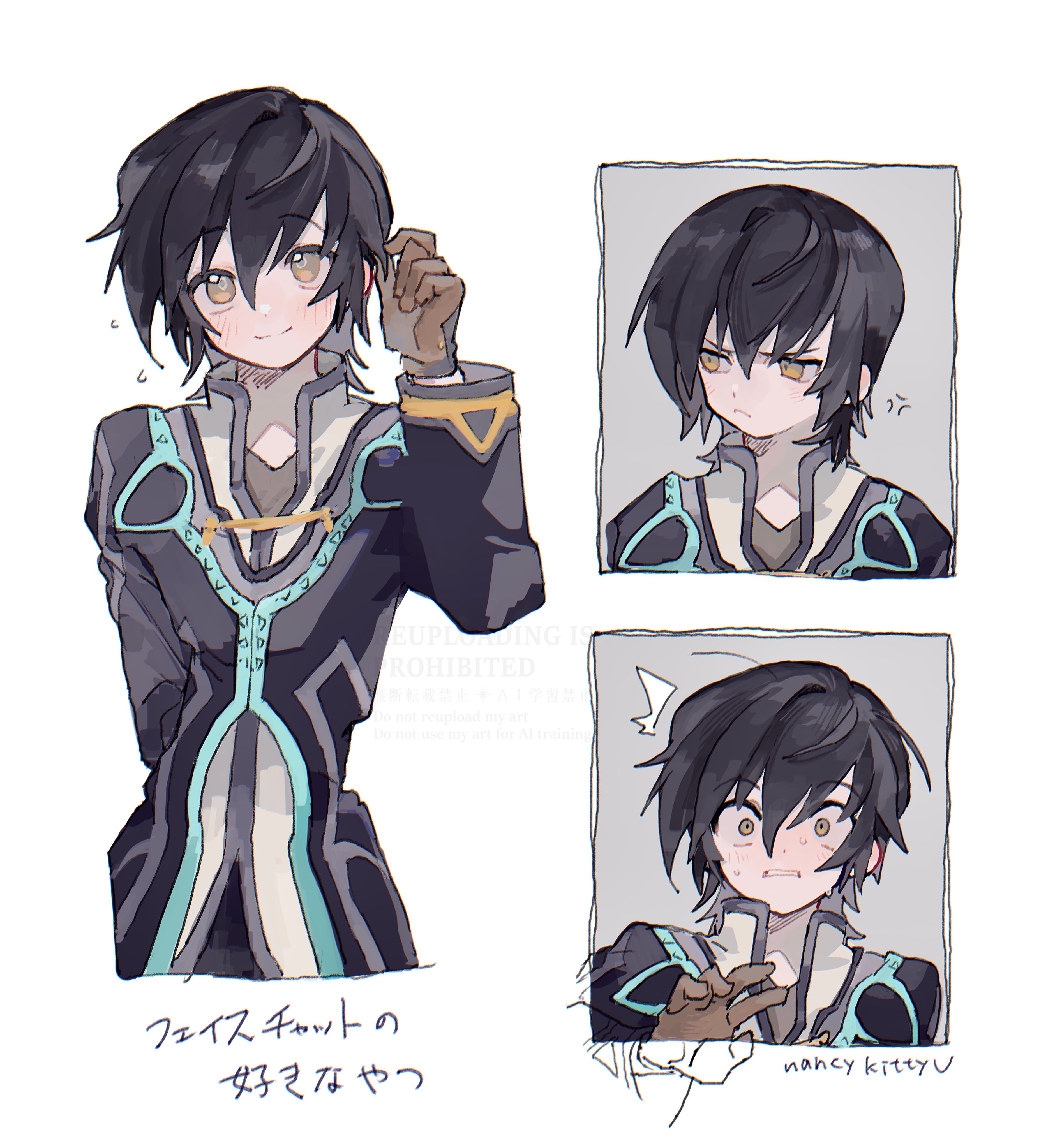 nancykittyu, jude mathis, tales of (series), tales of xillia, absurdres, commentary request, highres, 1boy, ^^^, anger vein, angry, averting eyes, black hair, brown eyes, brown gloves, coat, gloves, hair between eyes, japanese text, looking at viewer, male focus, multiple boys, multiple expressions, playing with own hair, short hair, smile, surprised, sweat