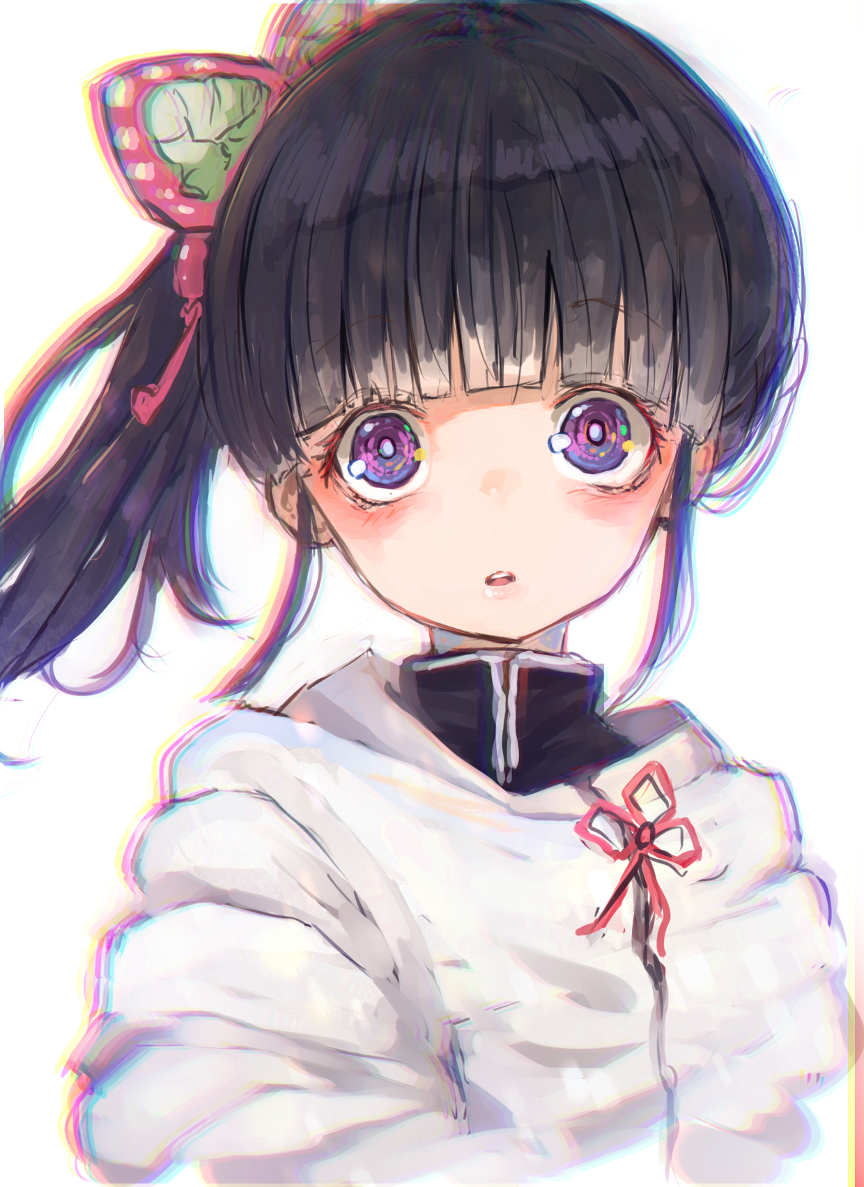 nyucha, tsuyuri kanao, kimetsu no yaiba, commentary request, highres, 1girl, black hair, blunt bangs, butterfly hair ornament, demon slayer uniform, gakuran, hair ornament, jacket, long hair, looking at viewer, open mouth, purple eyes, ringed eyes, school uniform, side ponytail, sidelocks, simple background, solo, surprised, upper body, white background, white jacket