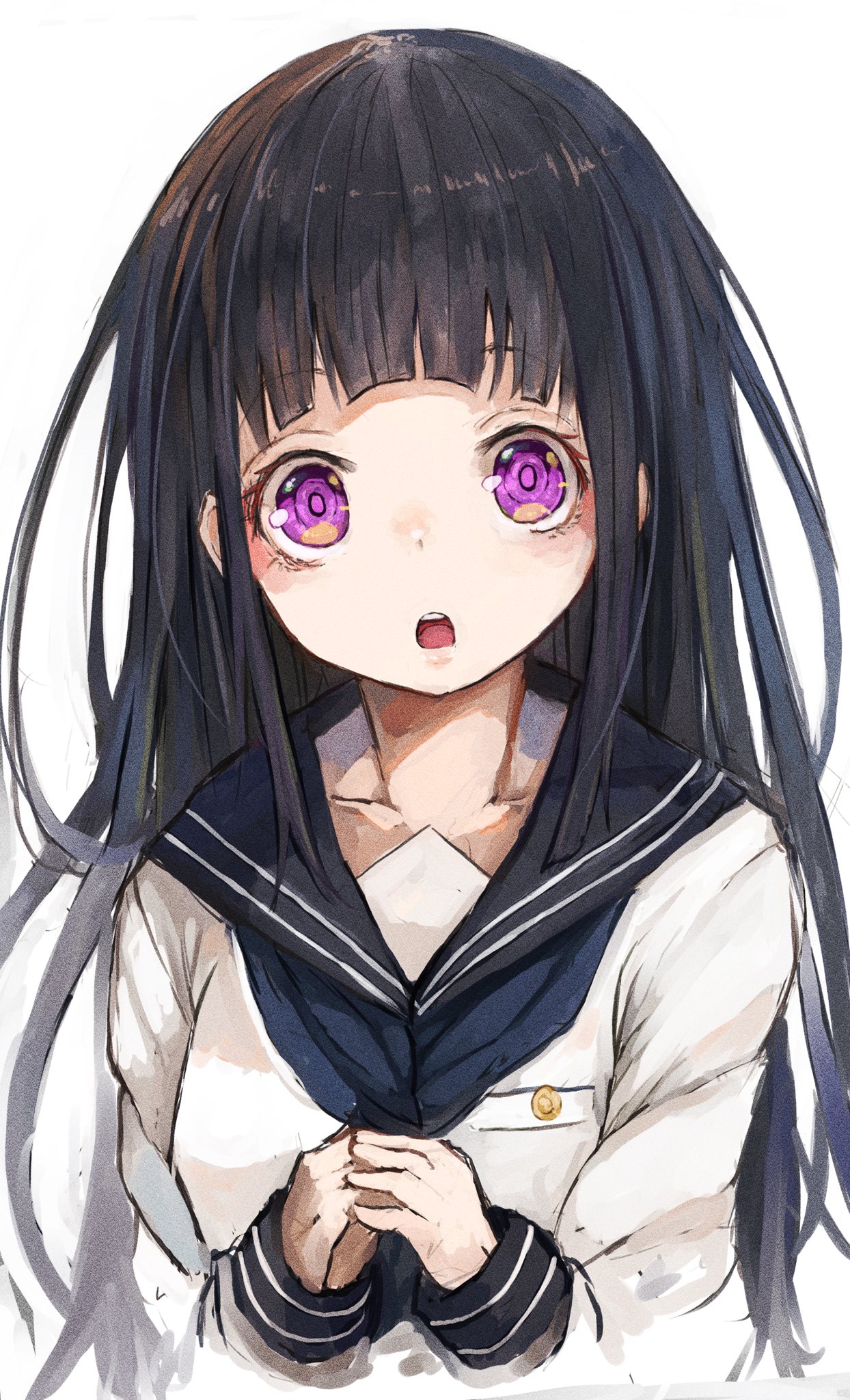 nyucha, chitanda eru, hyouka, commentary request, highres, 1girl, :o, arched bangs, black hair, blue neckerchief, blue sailor collar, kamiyama high school uniform (hyouka), long hair, long sleeves, looking at viewer, neckerchief, open mouth, own hands clasped, own hands together, purple eyes, raised eyebrows, ringed eyes, sailor collar, school uniform, serafuku, shirt, simple background, sleeve cuffs, solo, steepled fingers, upper body, white background, white shirt, winter uniform