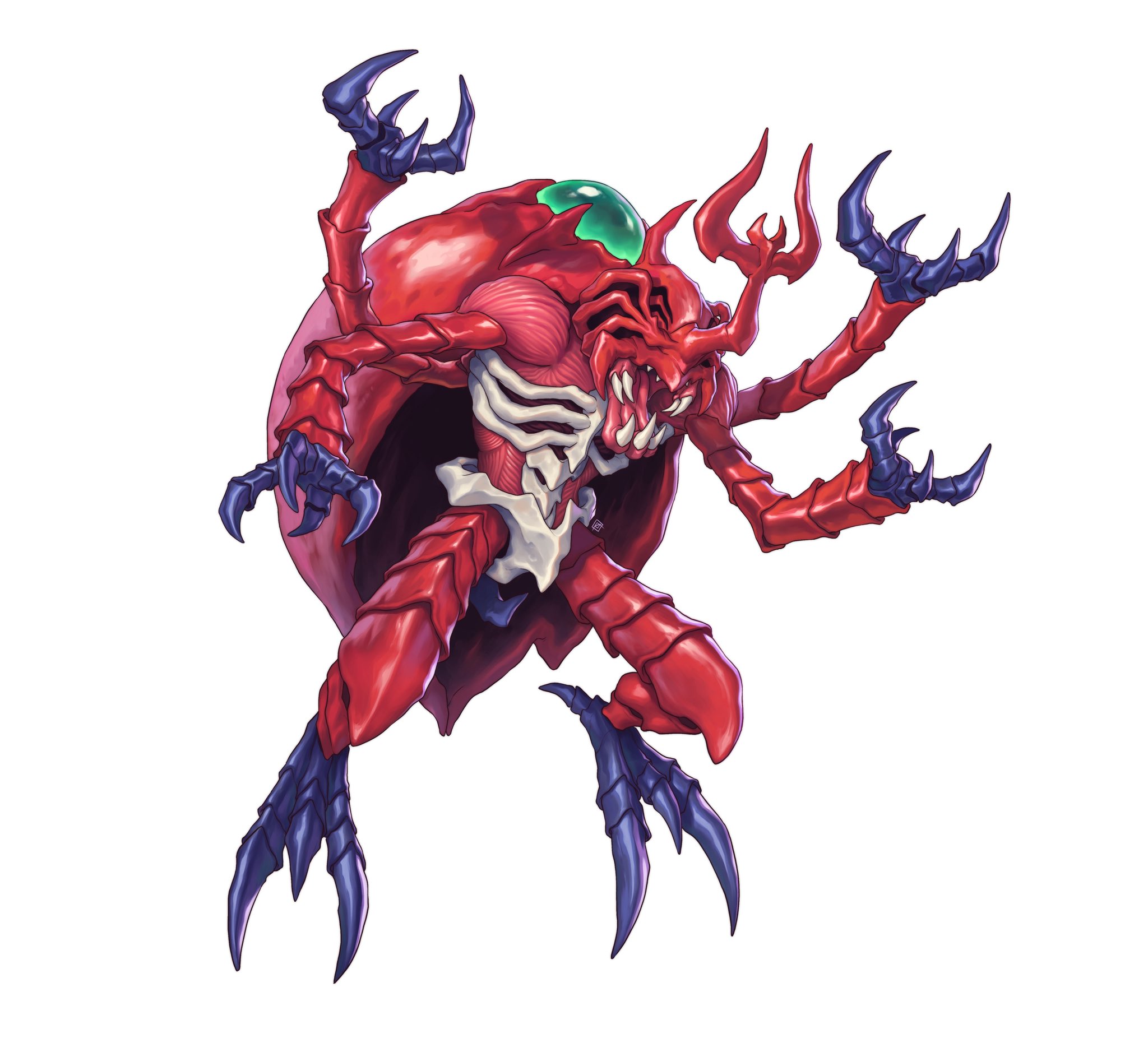 atlurkabuterimon, digimon, highres, alfonsaurus, arthropod limbs, bug, carapace, claws, digimon (creature), digimon focus, exposed muscle, extra arms, extra teeth, full body, gem, green gem, no eyes, no humans, open mouth, red carapace, sharp teeth, teeth