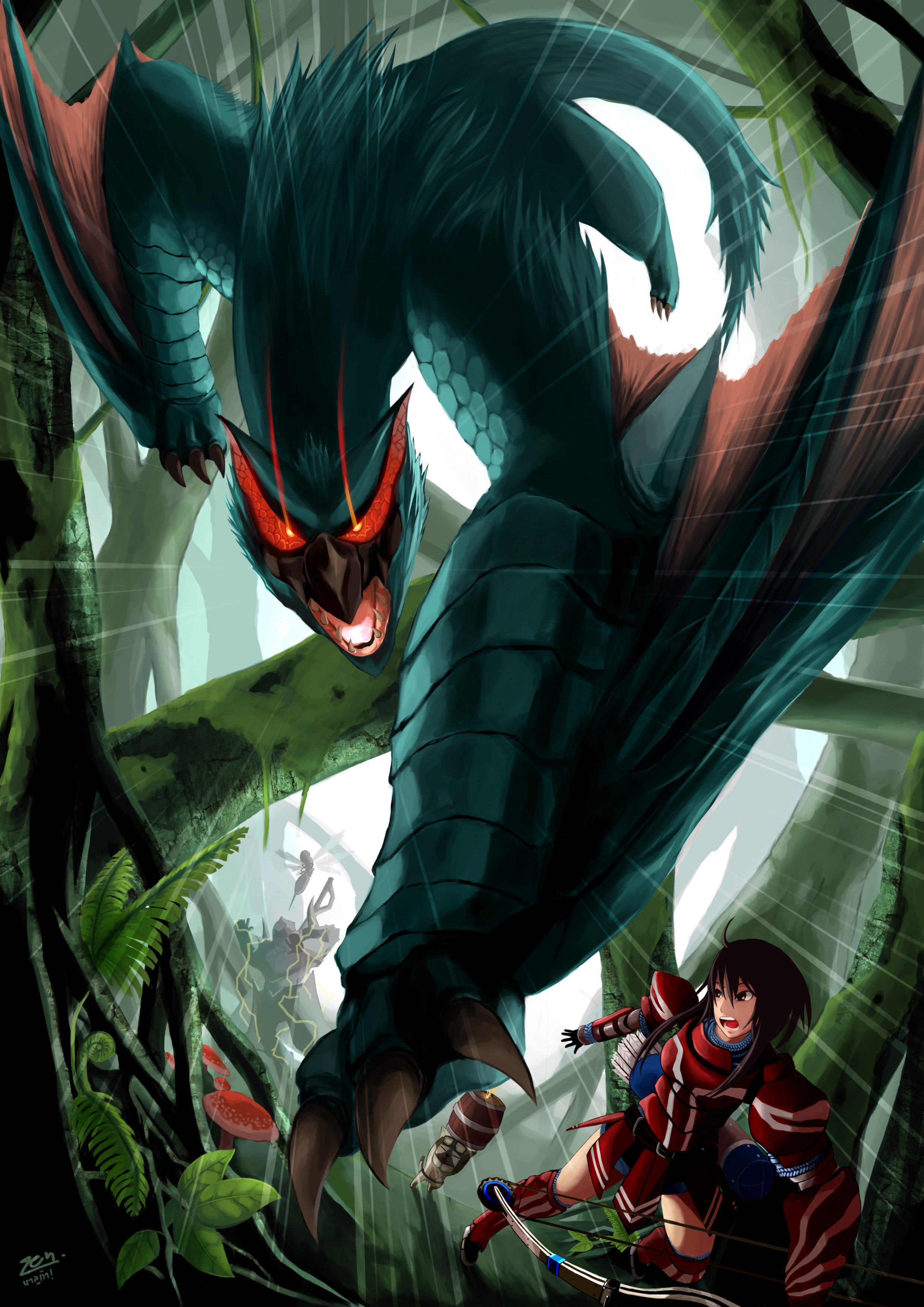 felyne, nargacuga, vespoid, capcom, monster hunter (series), absurdres, highres, 1girl, armor, bomb, bow, bow (weapon), dragon, explosive, forest, hermitaur (armor), leaf, mushroom, nature, paralysis, red eyes, tail, tree, weapon, wings, wyvern
