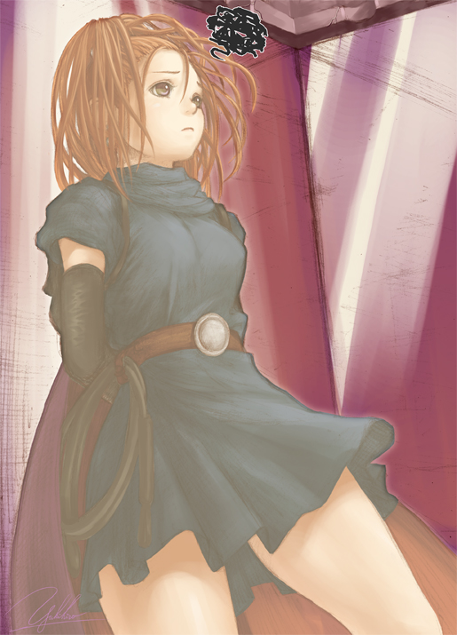 yukihiro, barbara (dq6), dragon quest, dragon quest vi, 1girl, belt, brown hair, female focus, forehead, high ponytail, ponytail, solo, whip