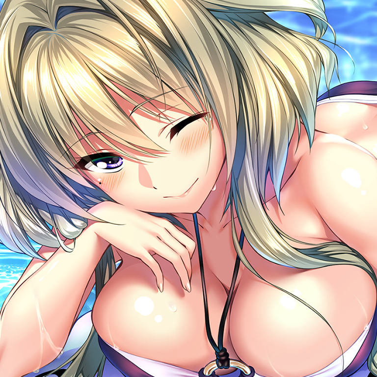 piromizu, kanbayashi mizuki, amakano, commentary request, cropped, official art, second-party source, 1girl, bikini, blush, breasts, brown hair, cleavage, closed mouth, collarbone, hair between eyes, hair intakes, large breasts, long sidelocks, looking at viewer, mole, mole under eye, purple bikini, purple eyes, short hair with long locks, sidelocks, smile, solo, swimsuit, water