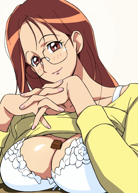 cirima, volvox, mishou kanako, futari wa precure splash star, precure, 00s, 1girl, blush, bra, breast rest, breasts, brown eyes, brown hair, candy, chocolate, cleavage, clothes lift, collarbone, eyelashes, female focus, food, glasses, large breasts, lingerie, lipstick, long hair, makeup, mature female, own hands clasped, own hands together, shirt lift, smile, solo, underwear