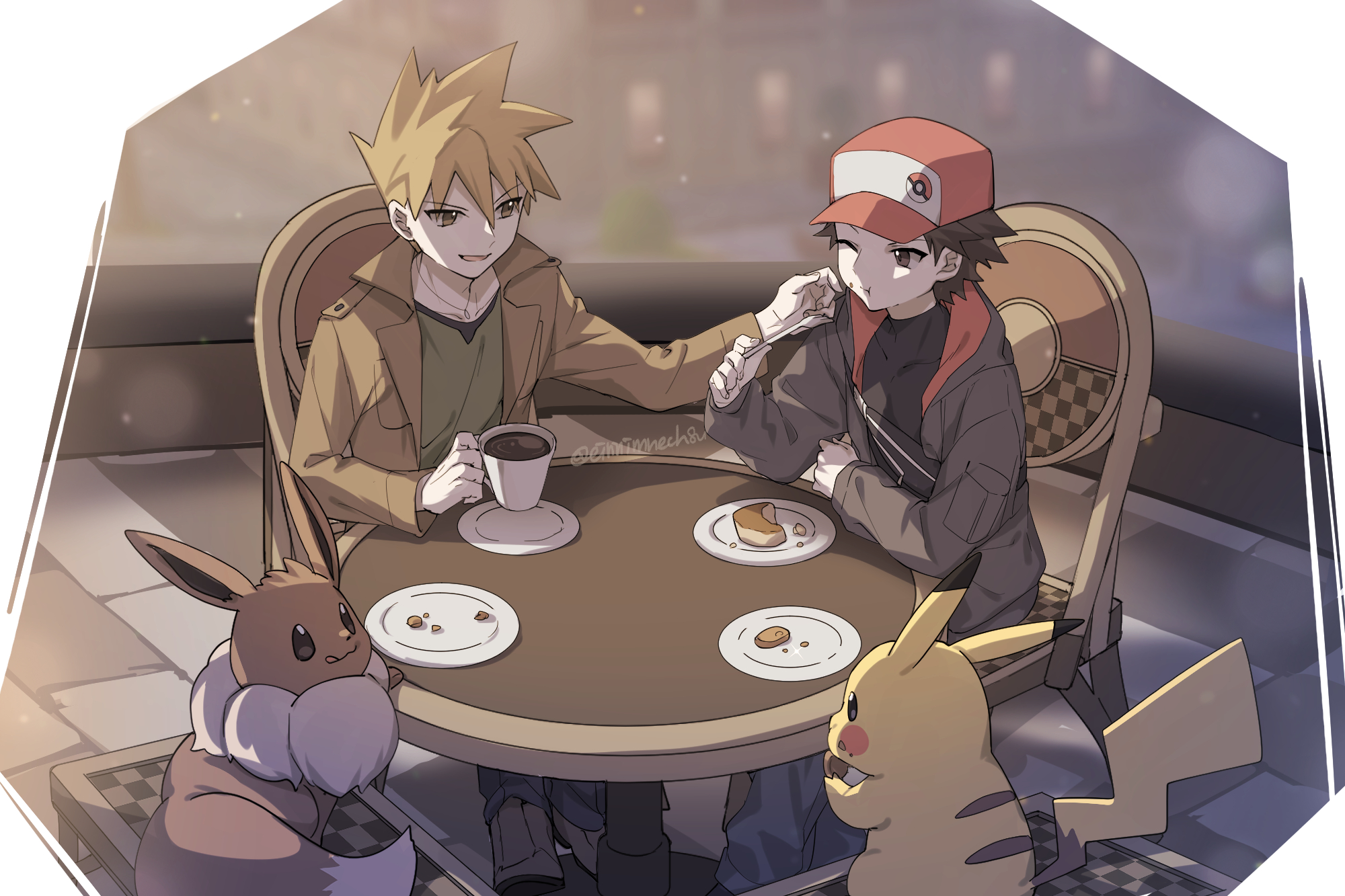 88 (einnimnech), blue oak, eevee, pikachu, red (pokemon), nintendo, pokemon, commentary request, highres, 2boys, :t, alternate costume, black shirt, brown eyes, brown hair, brown jacket, chair, closed mouth, cup, eating, food, food on face, fork, gen 1 pokemon, green shirt, hair between eyes, holding, holding cup, holding fork, jacket, male focus, multiple boys, pants, plate, pokemon (creature), shirt, short hair, sitting, spiked hair, table