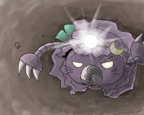 patchouli knowledge, super mogu, bemani, pop'n music, touhou, machinery, lowres, claws, crescent, crescent moon, emphasis lines, female focus, glowing, hat, looking up, mob cap, monster, moon, no humans, objectification