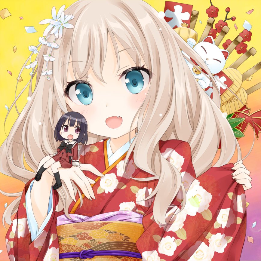 kani biimu, kawamura reo, sawaguchi mai, sono hanabira ni kuchizuke wo, artist request, check artist, commentary request, object request, official art, second-party source, 2girls, aqua eyes, black bow, black bowtie, black hair, black shoes, black socks, blonde hair, blunt bangs, bow, bowtie, confetti, cover, fang, floral print, flower, gradient background, hair flower, hair ornament, hands up, japanese clothes, kimono, kneehighs, long hair, long sleeves, multiple girls, open mouth, purple eyes, red flower, school uniform, shoes, socks, st. michael's school uniform, upper body, white flower, yellow background