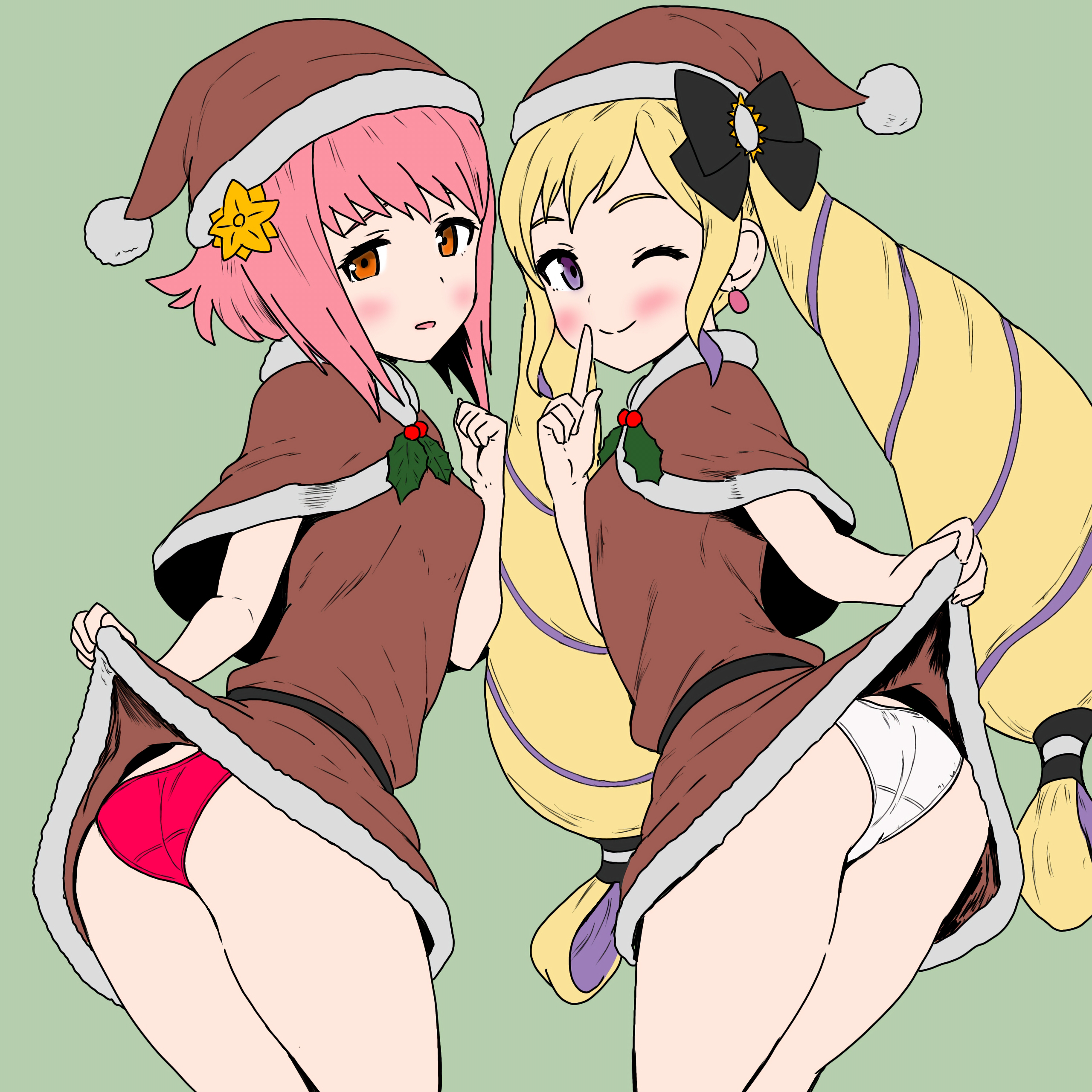 nemonemonerune, elise (fire emblem), sakura (fire emblem), fire emblem, fire emblem fates, nintendo, 2girls, alternate costume, ass, blonde hair, blush, bow, butt crack outline, clothes lift, dress, dress lift, finger to mouth, flower, fur trim, hair bow, hair flower, hair ornament, hat, looking back, mistletoe, multicolored hair, multiple girls, one eye closed, panties, pink eyes, pink hair, purple eyes, purple hair, santa costume, santa dress, santa hat, short hair, simple background, twintails, two-tone hair, underwear, wink