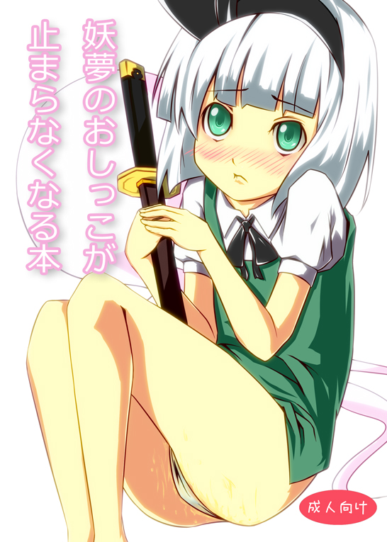 piyottoru, konpaku youmu, konpaku youmu (ghost), touhou, silver hair, bad id, bad pixiv id, 1girl, blush, cover, cover page, female focus, green eyes, hairband, katana, pee, peeing, peeing self, solo, sword, weapon