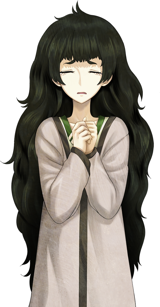 huke, hiyajou maho, science adventure, steins;gate, steins;gate 0, game cg, large variant set, non-web source, official art, variant set, 1girl, blunt bangs, brown jacket, closed eyes, collar, collarbone, facing viewer, fingernails, flat chest, green collar, green hair, green trim, jacket, jacket over dress, long hair, messy hair, open mouth, own hands together, sad, solo, sprite, tearing up, transparent background, very long hair