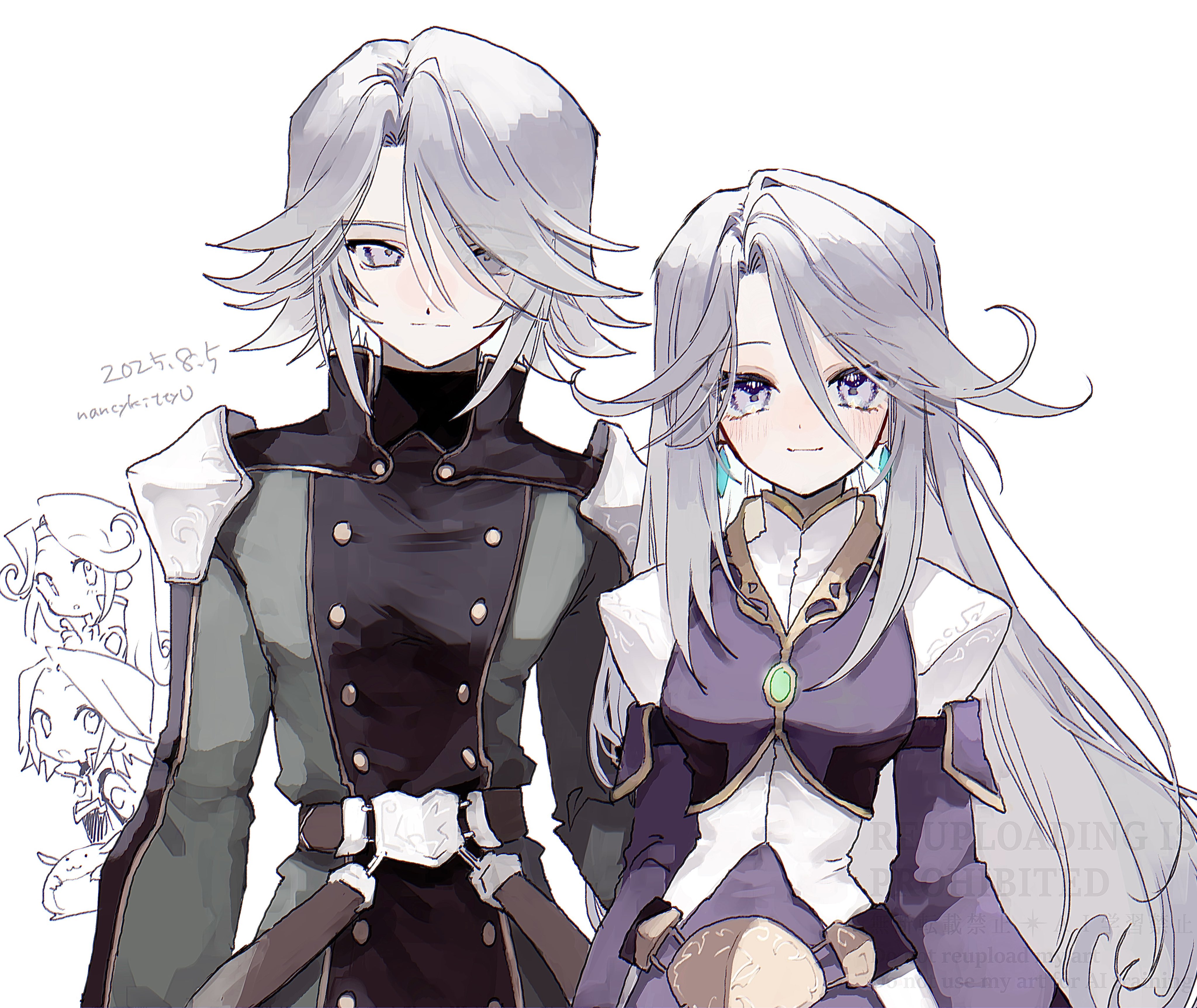 nancykittyu, dio (tales), kururu (tales), mel (tales), tales of (series), tales of phantasia, tales of phantasia: narikiri dungeon, absurdres, commentary request, highres, 1boy, 1girl, armor, artist name, belt, belt buckle, blush, brown belt, buckle, buttons, closed mouth, coat, dated, dios bandi, double-breasted, dress, earrings, eyes visible through hair, green coat, grey hair, hair over one eye, jewelry, long sleeves, looking at viewer, meltia bandi, purple dress, purple eyes, short hair, shoulder armor, simple background, smile, white background