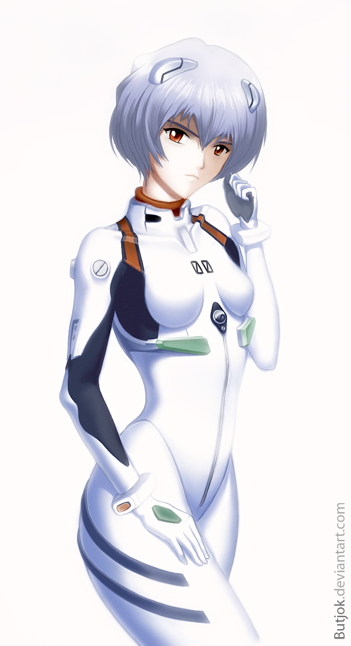 victor fedotov, ayanami rei, neon genesis evangelion, highres, self-upload, 1girl, blue hair, female focus, interface headset (evangelion), mecha pilot suit, plugsuit (evangelion), red eyes, short hair, simple background, solo, watermark, white background