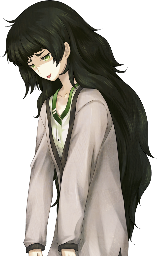 huke, hiyajou maho, science adventure, steins;gate, steins;gate 0, game cg, large variant set, non-web source, official art, variant set, 1girl, blunt bangs, brown jacket, collar, collarbone, flat chest, forced smile, green collar, green eyes, green hair, green trim, jacket, jacket over dress, long hair, messy hair, open mouth, partially shaded face, sarcastic smile, slouching, smile, solo, sprite, transparent background, very long hair