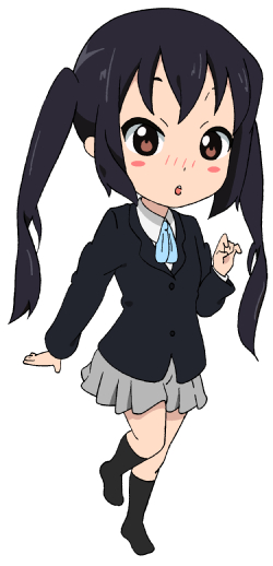 32r, nakano azusa, k-on!, bad id, bad pixiv id, 1girl, black eyes, black hair, black socks, blush, brown eyes, chibi, collared shirt, female focus, full body, grey skirt, hand up, kneehighs, long hair, long sleeves, looking at viewer, miniskirt, no shoes, open mouth, school uniform, shirt, simple background, skirt, socks, solo, standing, standing on one leg, twintails, walking, white background, white shirt