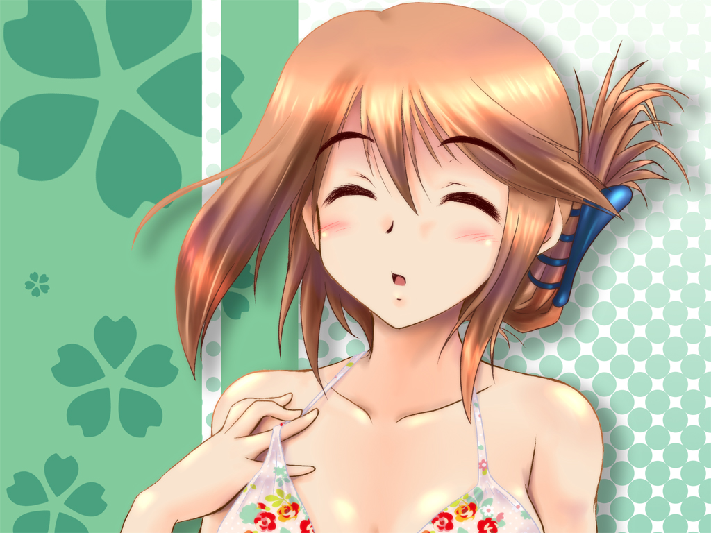 x-4kazu, komaki manaka, to heart (series), to heart 2, 1girl, adjusting clothes, adjusting swimsuit, blush, brown hair, claw hair clip, closed eyes, female focus, folded ponytail, hairclip, halterneck, open mouth, solo, swimsuit