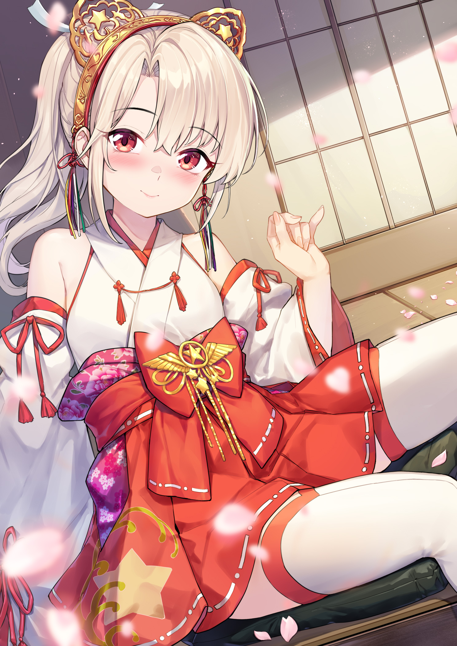 coffeekite, fate/grand order, fate (series), commentary request, highres, 1girl, animal ears, bare shoulders, blush, breasts, cat ears, fake animal ears, illyasviel von einzbern (in shumura miko), japanese clothes, kimono, long hair, nontraditional miko, red eyes, skirt, sleeveless, sleeveless kimono, small breasts, solo, white hair, white kimono