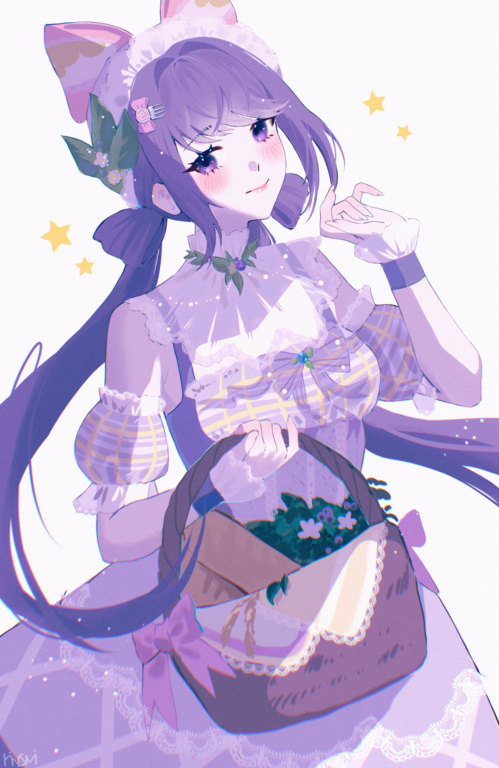 rinsmeray, whispers of bliss (infinity nikki), infinity nikki, nikki (series), absurdres, commentary, english commentary, highres, 1girl, apron, argyle clothes, argyle dress, bare shoulders, basket, bow, bread, closed mouth, collar, country lolita, cowboy shot, crossed bangs, detached collar, detached sleeves, double bun, dress, eyelashes, flower, food, frilled headwear, frilled sleeves, frilled wrist cuffs, frills, hair bow, hair bun, hair intakes, hair ornament, hairclip, happy, hat, hat bow, hat flower, hat ornament, high collar, holding, holding basket, lace-trimmed apron, lace-trimmed collar, lace-trimmed sleeves, lace trim, large bow, leaf hat ornament, light blush, lipstick, lolita fashion, long hair, looking at viewer, low twintails, makeup, mob cap, pale skin, pink bow, pink lips, plaid clothes, plaid dress, plaid sleeves, puffy short sleeves, puffy sleeves, purple apron, purple dress, purple eyes, purple hair, purple hat, purple sleeves, purple wrist cuffs, short sleeves, sidelocks, signature, simple background, single stripe, sleeveless, sleeveless dress, smile, solo, standing, star (symbol), striped bow, twintails, very long hair, waist apron, white background, white collar, white flower, wrist cuffs