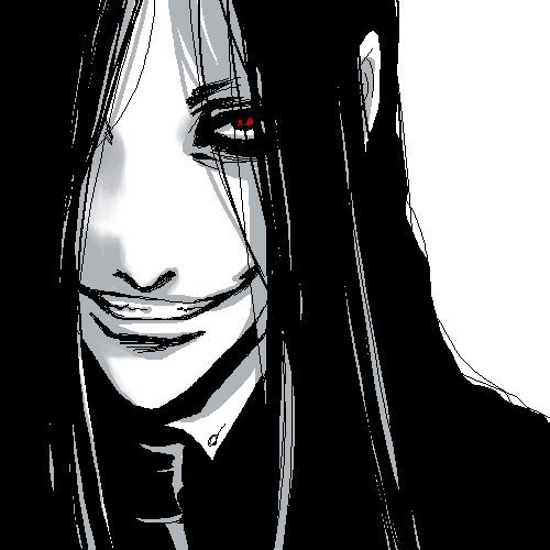 solid&etc, alucard (hellsing), hellsing, lowres, 1boy, black hair, black theme, greyscale, grin, hair over one eye, long hair, male focus, monochrome, oekaki, red eyes, smile, solo, spot color, vampire, white background, white theme