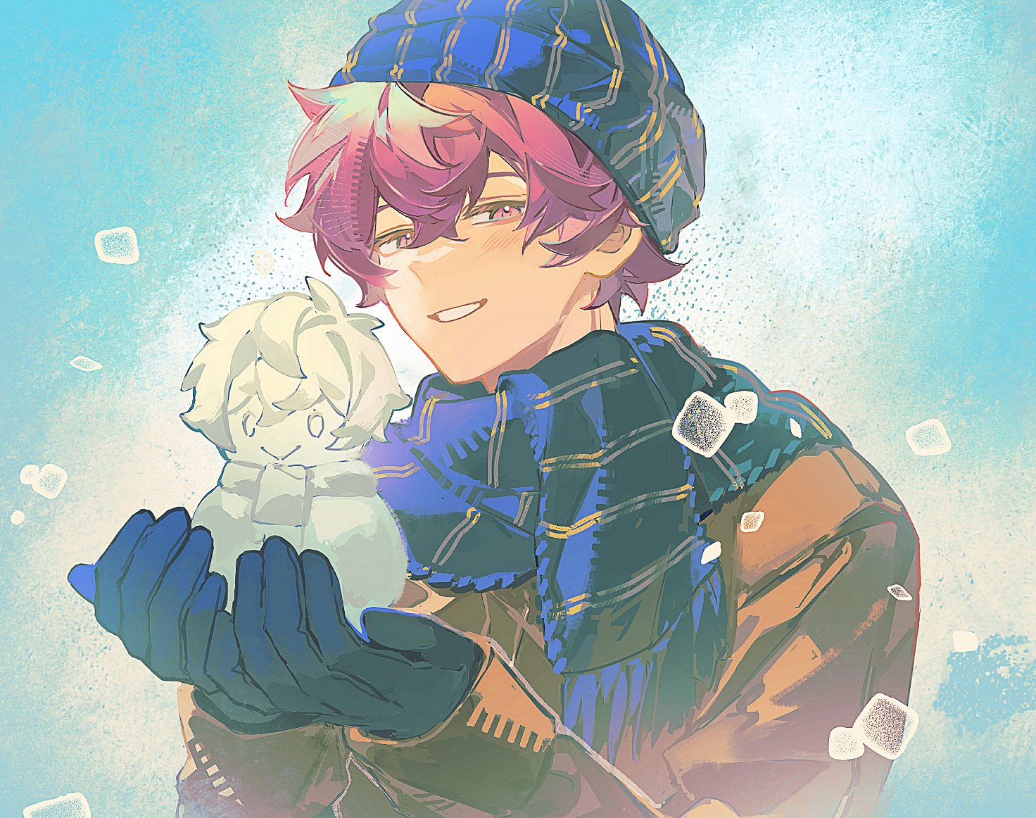 alexis ness, blue lock, character snowman, commentary, 1boy, beanie, blue gloves, blue scarf, blush, brown coat, closed mouth, coat, gloves, hair between eyes, hat, holding snowman, hueirin, looking at viewer, male focus, mini snowman, scarf, smile, snowing, snowman, solo