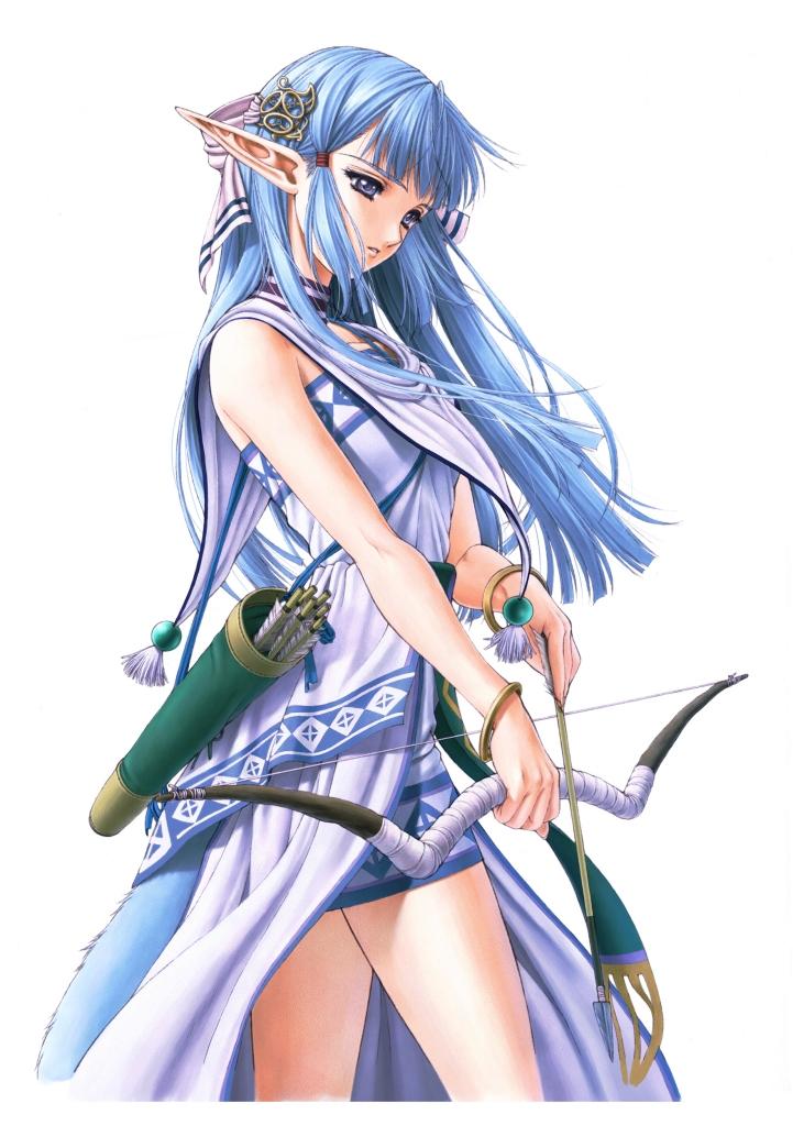 taue shunsuke, olha (ys), ys, ys vi, ys vi: the ark of napishtim, fur, official art, 1girl, arrow (projectile), blue eyes, blue hair, bow (weapon), bracelet, choker, dress, elf, fantasy, female focus, flat chest, hair ornament, hair ribbon, jewelry, long hair, matching hair/eyes, miniskirt, pointy ears, quiver, rehda, ribbon, simple background, skirt, solo, standing, thighs, weapon