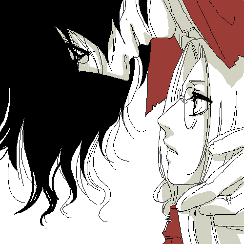 solid&etc, alucard (hellsing), integra hellsing, hellsing, lowres, 1boy, 1girl, black hair, coat, couple, glasses, gloves, hetero, long hair, looking at another, monochrome, necktie, oekaki, overcoat, red coat, red theme, vampire, white gloves