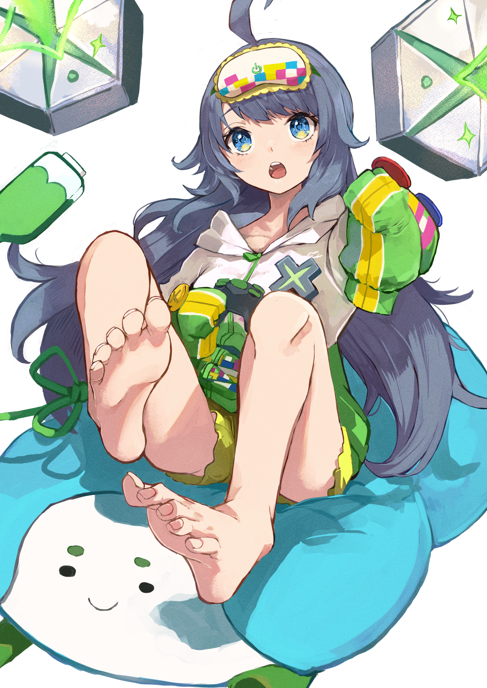 nyucha, inohara koboshi, ongeki, commentary request, commission, highres, 1girl, :o, ahoge, barefoot, blue eyes, feet, foot focus, foreshortening, full body, grey hair, grey jacket, hood, hood down, hooded jacket, huge ahoge, jacket, legs up, long hair, looking ahead, mask, mask on head, messy hair, multicolored jacket, open mouth, reclining, shorts, sitting, sleep mask, sleeves past fingers, sleeves past wrists, soles, solo, toenails, toes, very long hair, white jacket, yellow shorts