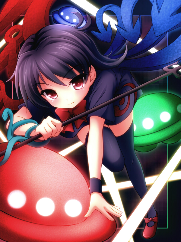 sui. (ayase), houjuu nue, touhou, 1girl, black hair, black thighhighs, female focus, full body, red eyes, short hair, solo, thighhighs, ufo, zettai ryouiki