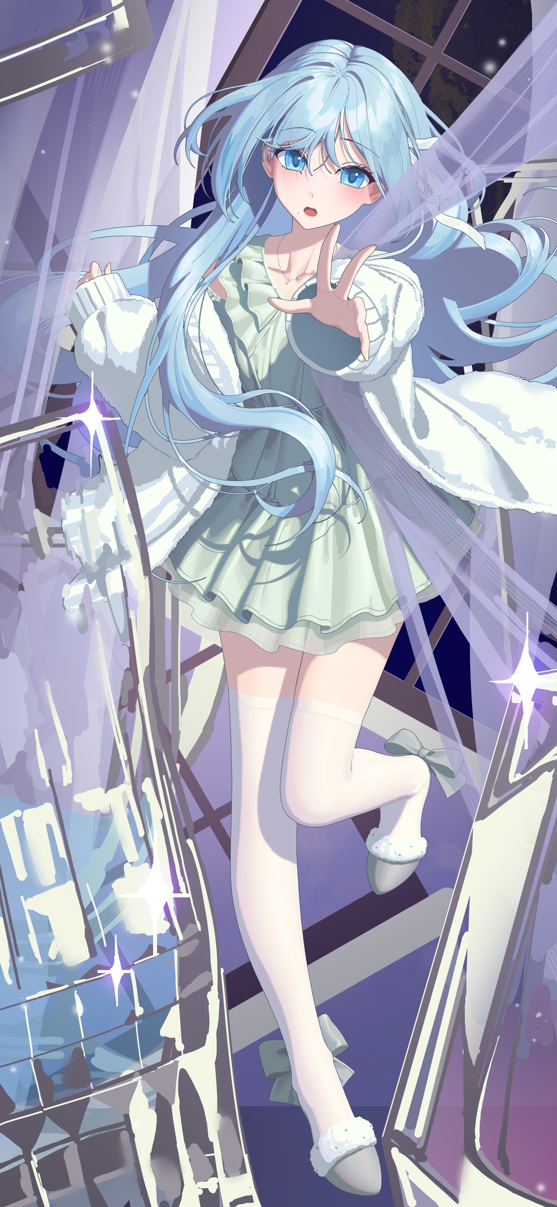 rui (rei leyi), hinomori shizuku, project sekai, absurdres, commentary, highres, 1girl, :o, blue eyes, blue hair, blush, bow, collarbone, curtains, dress, footwear bow, full body, green dress, jacket, long hair, long sleeves, looking at viewer, night, nightgown, open clothes, open mouth, open window, reaching, reaching towards viewer, slippers, solo, standing, standing on one leg, thighhighs, white thighhighs, window