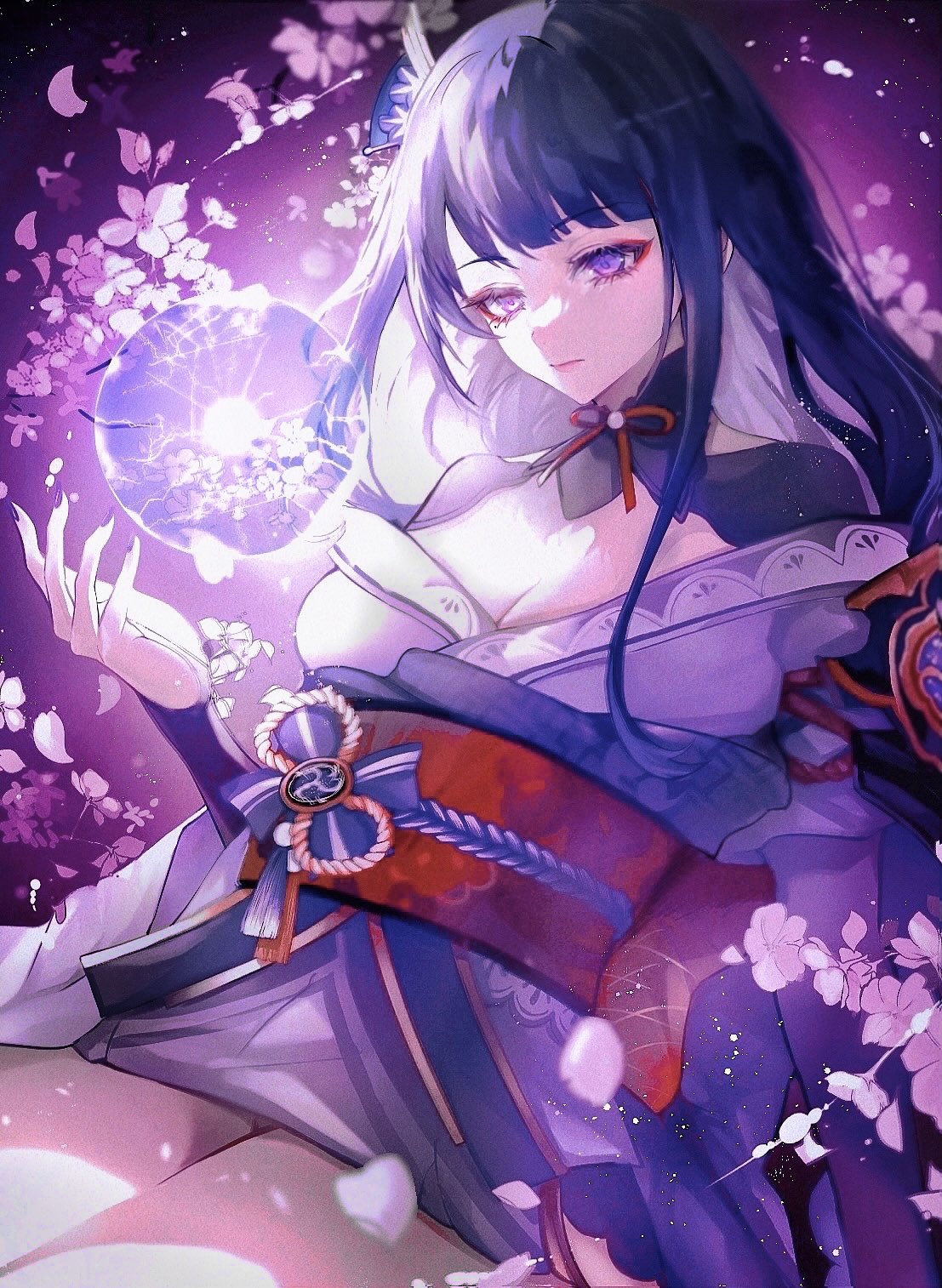 diandao qin, raiden shogun, genshin impact, commentary, highres, 1girl, back bow, black sash, blunt bangs, bow, braid, breasts, bridal gauntlets, cleavage, closed mouth, clothing cutout, glowing, gradient hair, hair ornament, head tilt, japanese clothes, kimono, leaning to the side, light particles, long braid, long hair, medium breasts, mole, mole under eye, multicolored hair, neck ribbon, off shoulder, purple background, purple eyes, purple hair, purple kimono, purple nails, red ribbon, red sash, ribbon, sash, shade, shoulder cutout, single braid, sitting, solo, thighs, upper body