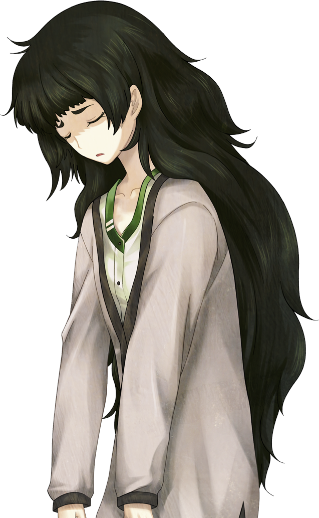 huke, hiyajou maho, science adventure, steins;gate, steins;gate 0, game cg, large variant set, non-web source, official art, variant set, 1girl, blunt bangs, brown jacket, closed eyes, collar, collarbone, flat chest, green collar, green hair, green trim, jacket, jacket over dress, long hair, messy hair, open mouth, partially shaded face, sad, slouching, solo, sprite, transparent background, very long hair