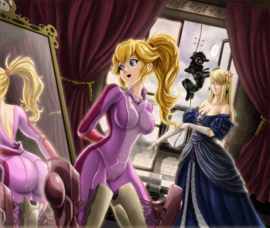mario, princess peach, samus aran, solid snake, konami, metal gear, metal gear solid, metroid, nintendo, super mario bros. 1, super smash bros., artist request, 2girls, annoyed, ass, blonde hair, blue eyes, bodysuit, breasts, cameltoe, cosplay, costume switch, crown, dress, dressing, elbow gloves, gloves, gown, gravity suit (metroid), large breasts, long hair, looking back, mirror, multiple girls, open mouth, peeking, ponytail, power suit, reflection, role reversal, unzipped, voyeurism, window, zero suit