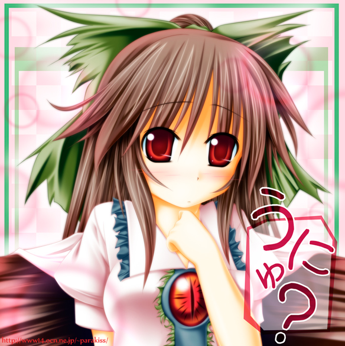 kai yuuki, reiuji utsuho, touhou, 1girl, black hair, blush, bow, close-up, female focus, hair bow, long hair, red eyes, solo, unyu, wings