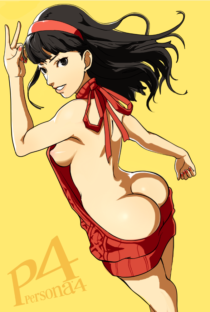 sunbeam (artist), amagi yukiko, persona, persona 4, shin megami tensei, 1girl, ass, bare back, black hair, breasts, brown eyes, butt crack, hairband, long hair, looking at viewer, looking back, medium breasts, nipples, simple background, solo, straight hair, v, victory pose, virgin killer sweater