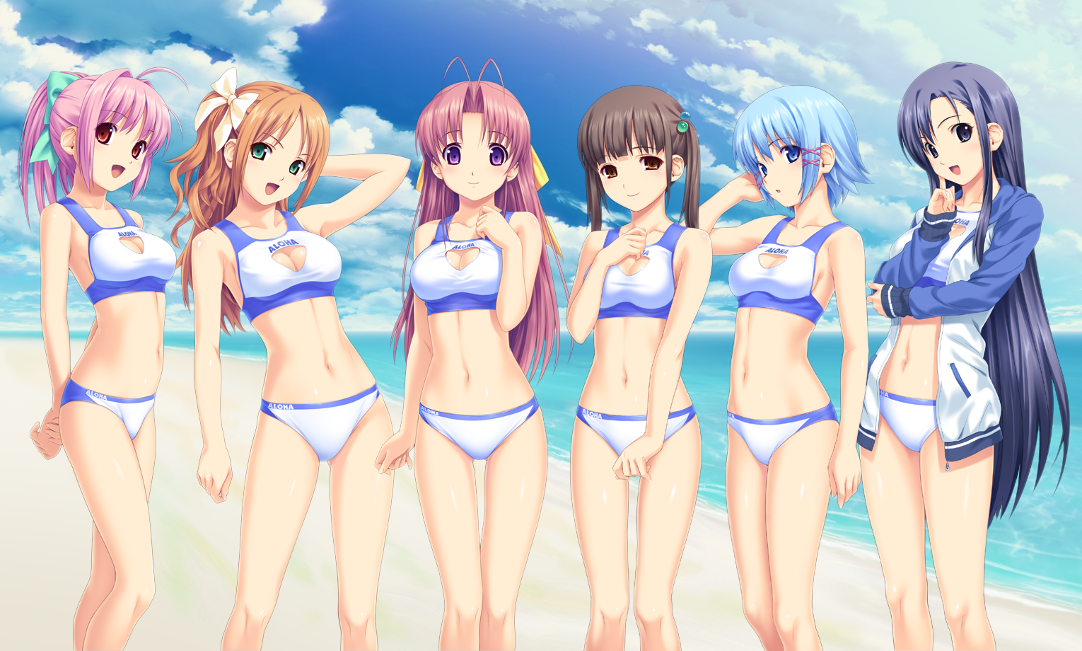 koutaro, aoi matsuri, himuro rikka, hinata hanabi, minazuki izumi, saotome nagi, suzukaze hotaru, tropical kiss, official art, ahoge, antenna hair, beach, bikini, black hair, blue eyes, blue sky, bow, breasts, brown eyes, brown hair, clothing cutout, cloud, english text, feet out of frame, green eyes, hair bow, hair ornament, long hair, looking at viewer, medium breasts, ocean, orange hair, parted bangs, pink hair, ponytail, purple eyes, purple hair, short hair, sidelocks, sky, small breasts, sweater, swimsuit, two side up, x hair ornament