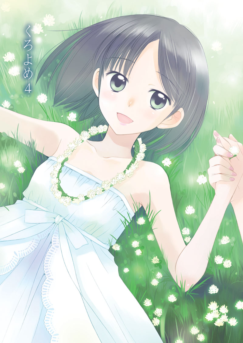 kazuto izumi, original, 1girl, black hair, flower, green eyes, holding hands, lying, short hair, solo focus